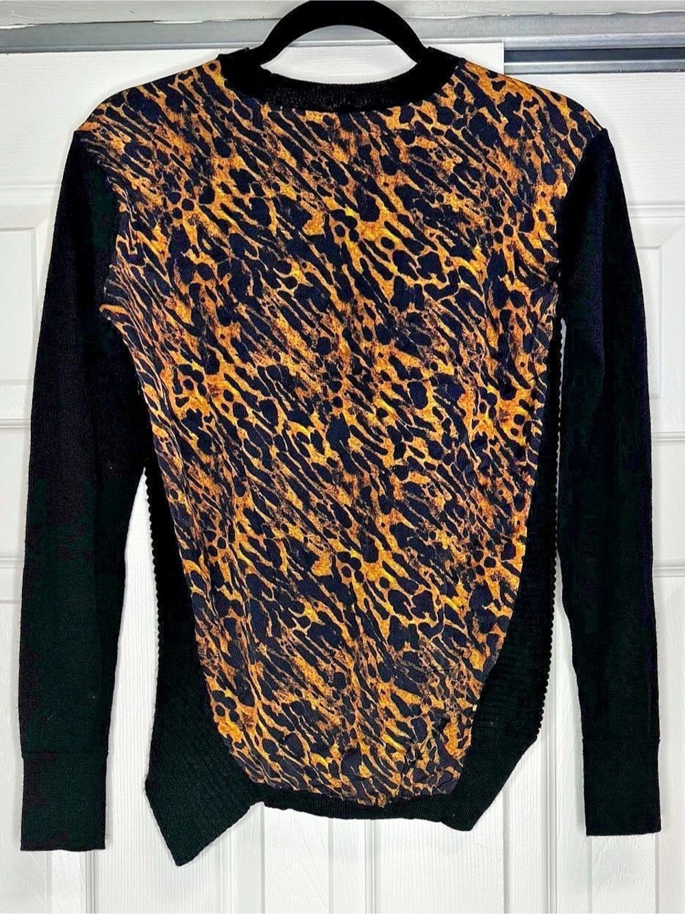 All Saints Black Knit with Leopard Back Crewneck Sweater - Size XS